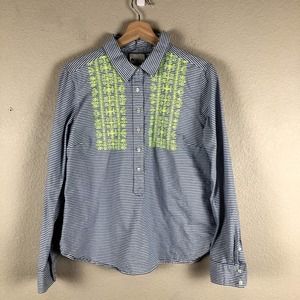 STYLUS Shirt Large Blue White Striped Green Embroidered Popover Collared Large